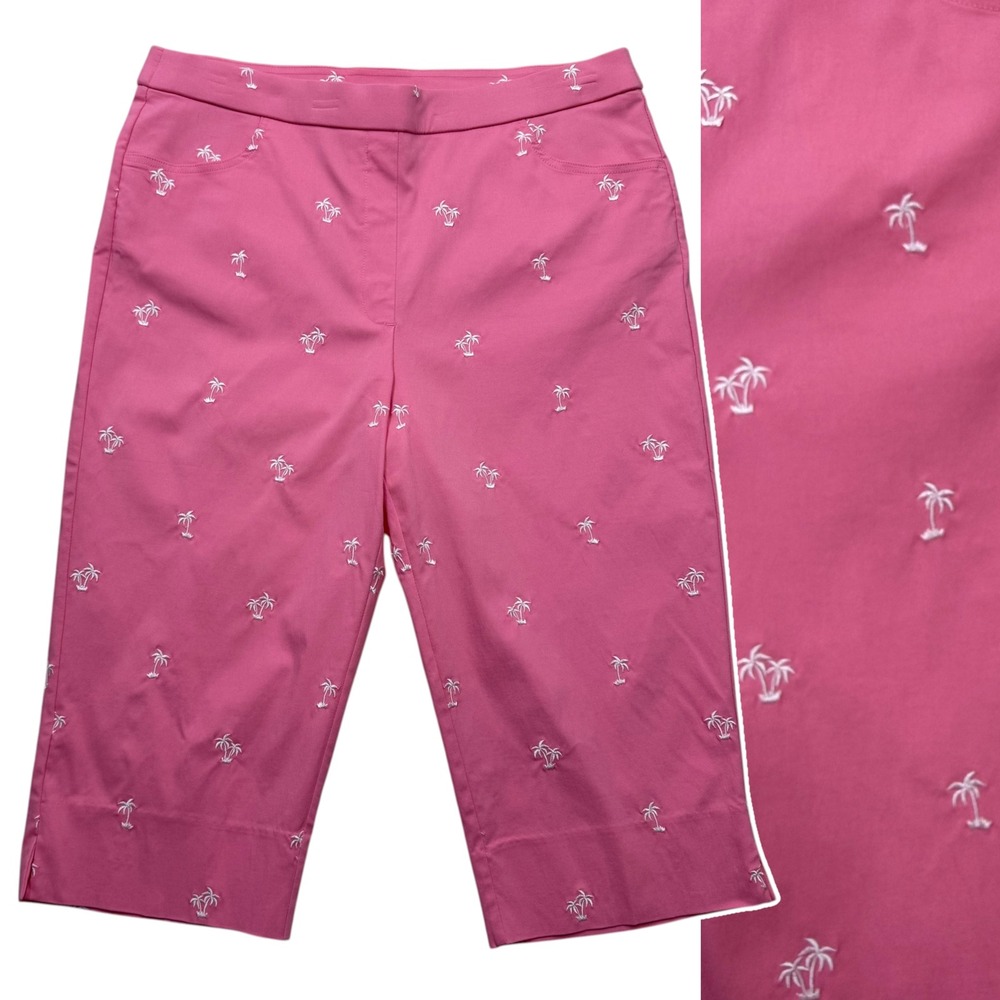 Alfred Dunner Embroidered Palm Tree Capri Pants Resort Tropical Pink Plus Sz 16